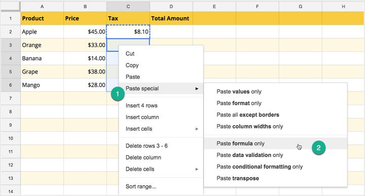 Sao chép công thức xuống trong Google Sheets